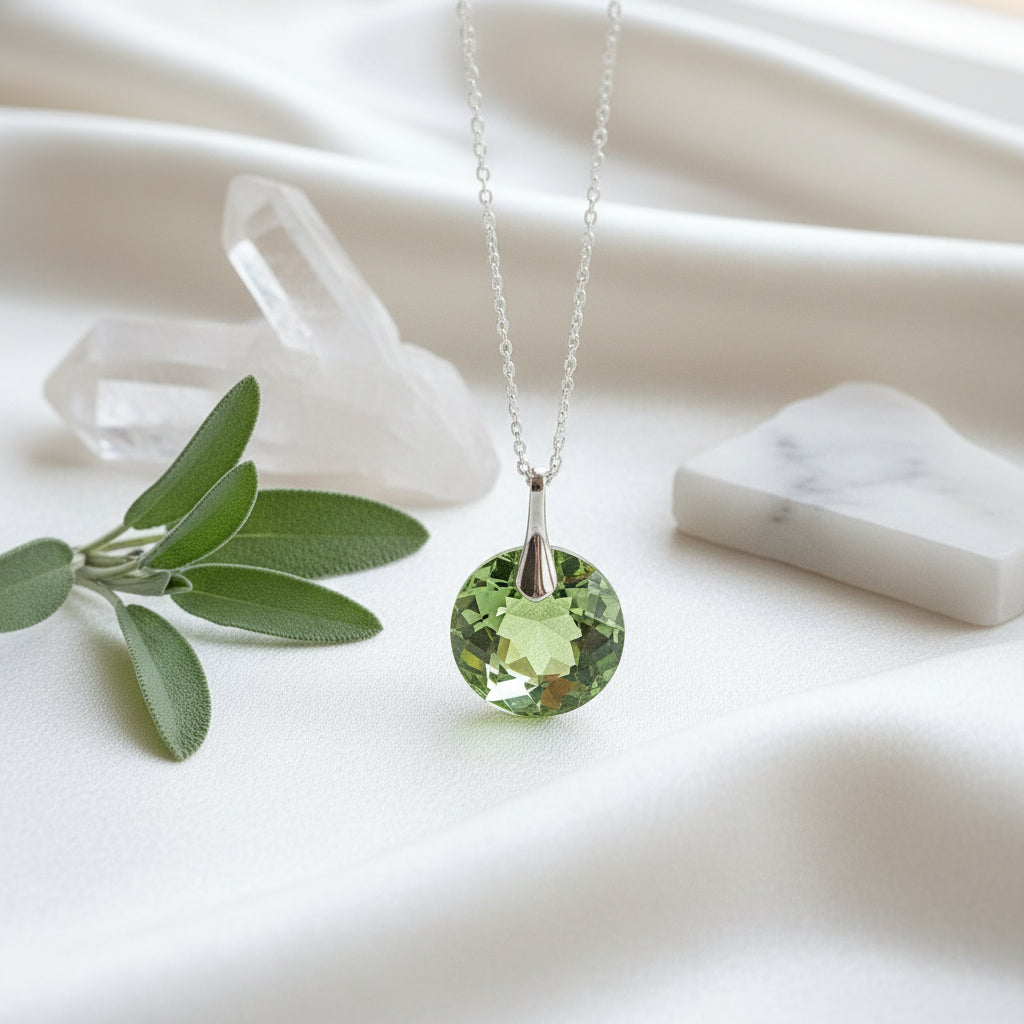 Peridot crystal pendant on a sterling silver chain, as August birthstone necklace for women, made by Magpie Gems in Ireland.