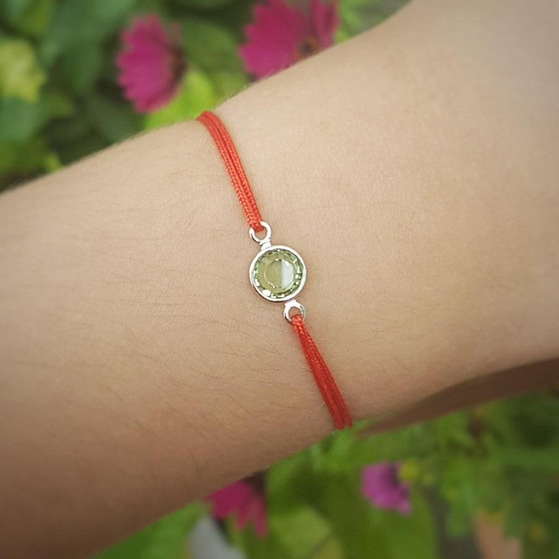 Peridot Green August Birthstone crystal adjustable knot bracelet in red, Shop in Ireland, Gift Boxed