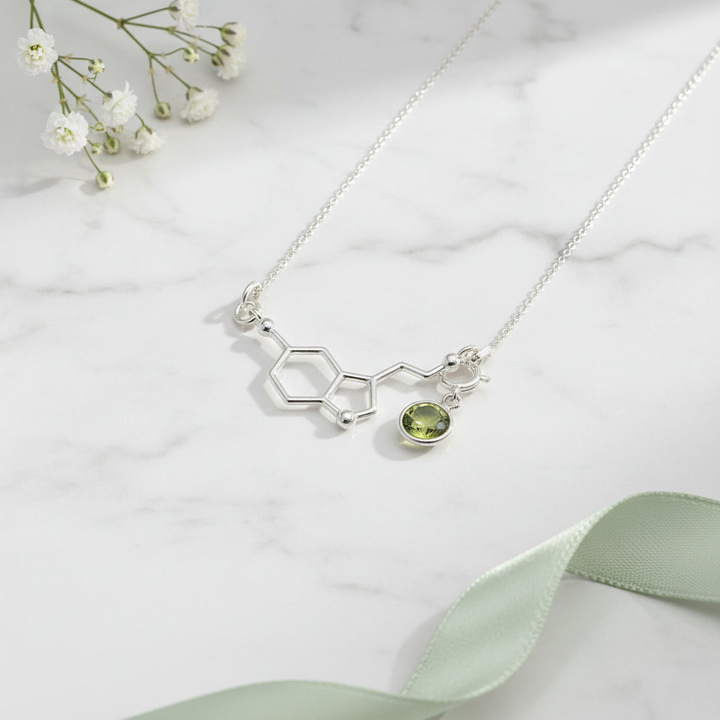 Be Happy Silver Charm Necklace | Serotonin Molecule with a Birthstone, [product type], - Personalised Silver Jewellery Ireland by Magpie Gems