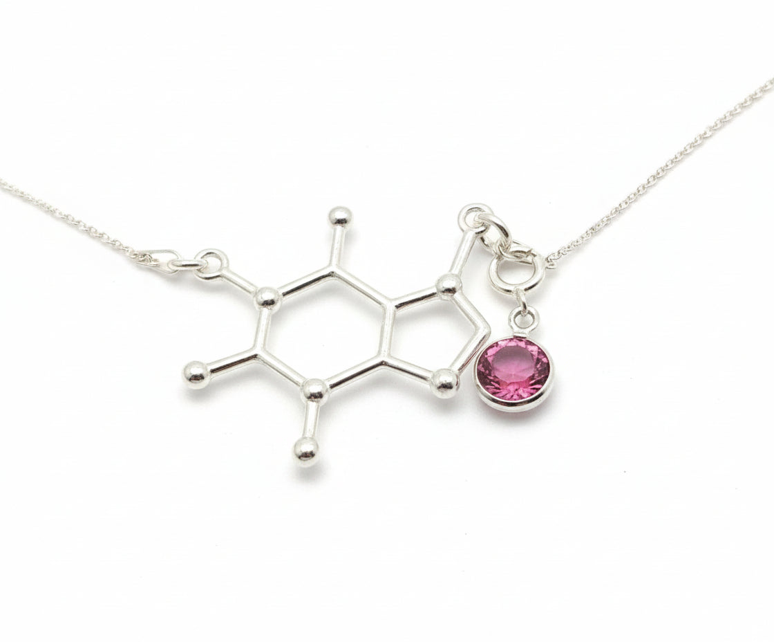 Necklace close-up: "Be Active Birthstone Necklace - Caffeine-inspired Jewelry
