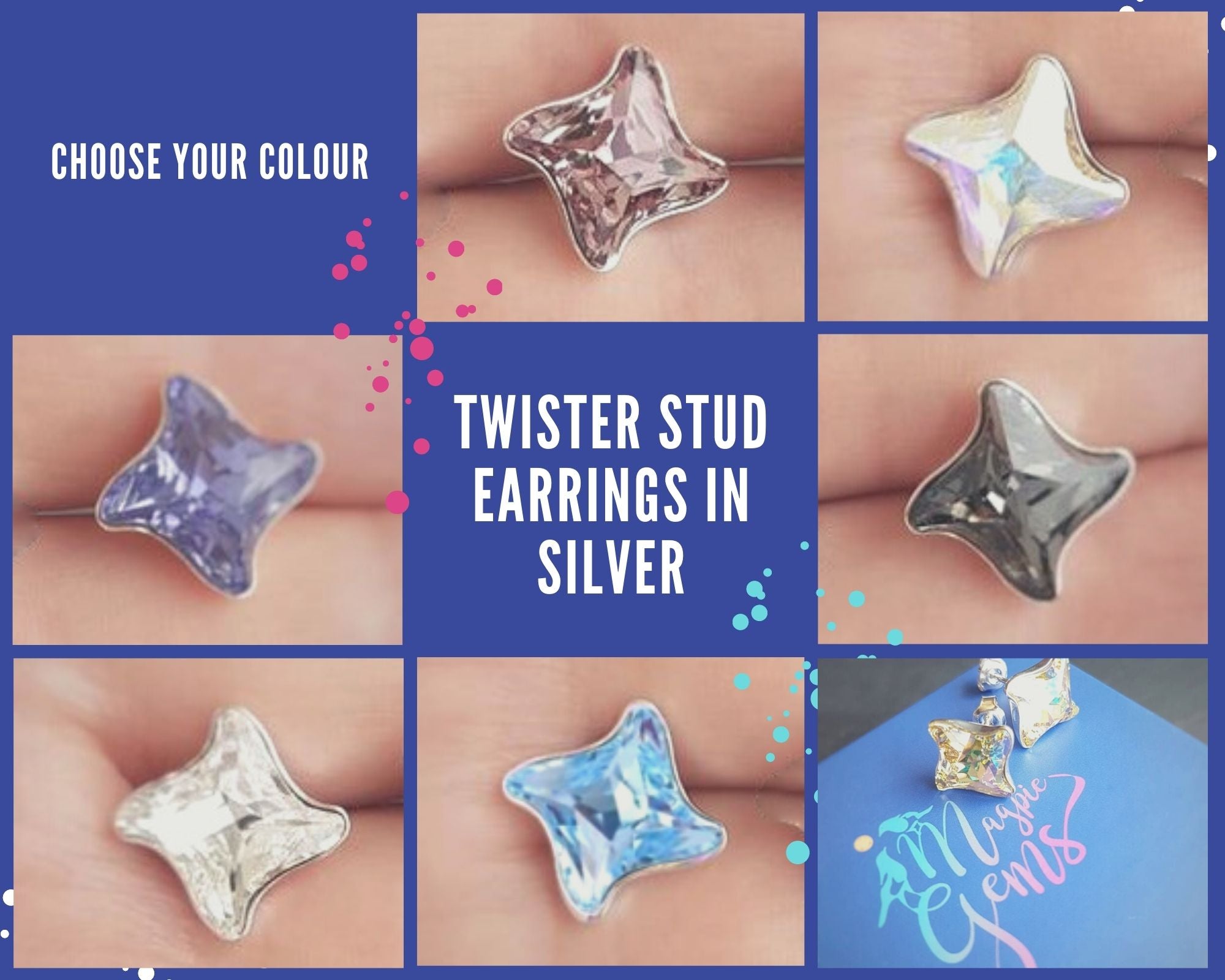 Swirlshine Crystal Studs in Silver - Front View Showcasing Twister Crystal Design from Ireland, available in multiple colours to choose from