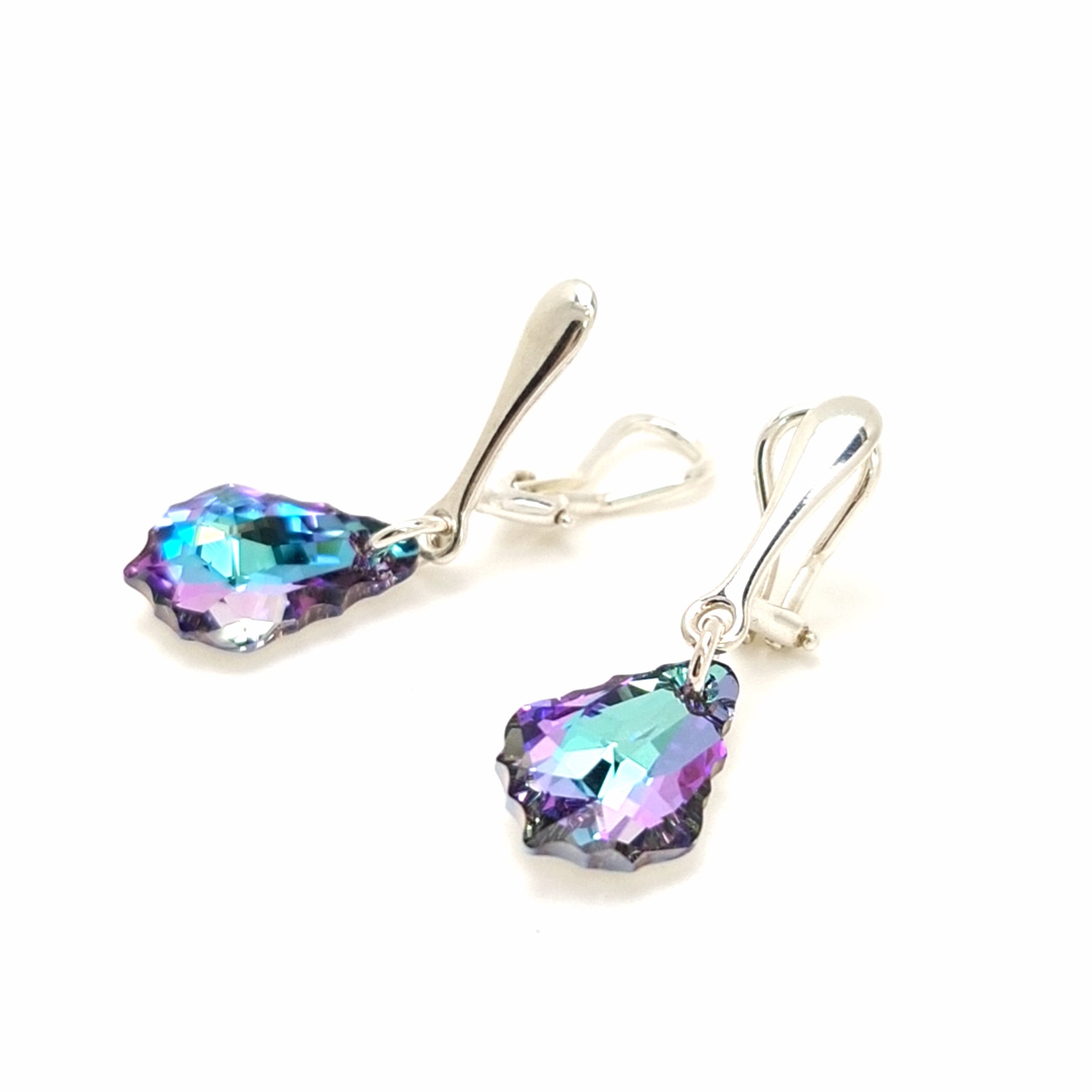 Dangly drop Clip on earrings in sterling silver with vitrail light colourful and sparkly crystals