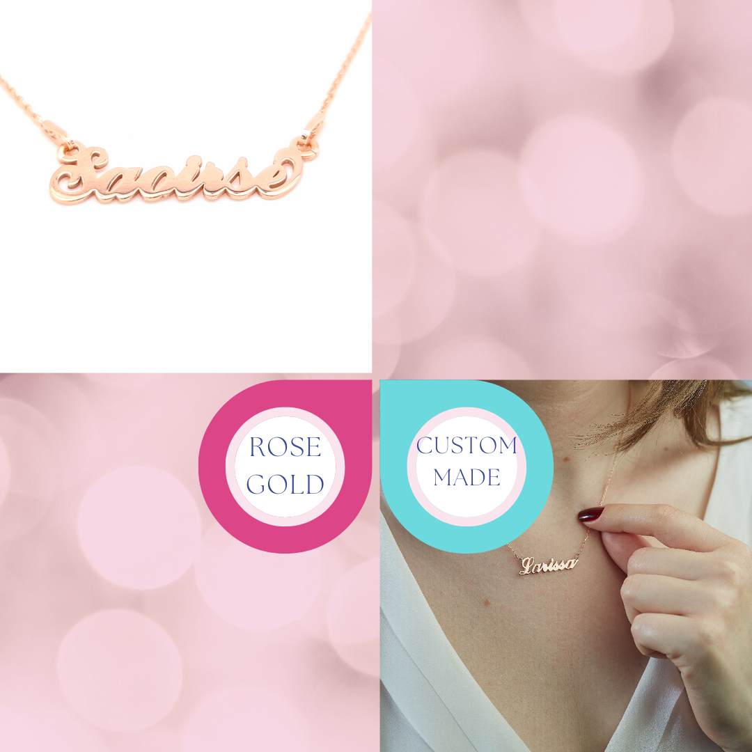 Rose gold name necklace with the name 'Saoirse' featured alongside marketing tags 'Rose Gold' and 'Custom Made' against a soft pink bokeh background.
