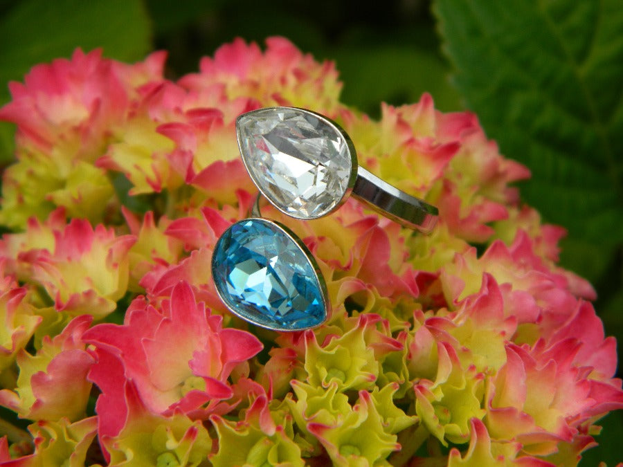 Double crystal Aquamarine and crystal clear and silver ring adjustable