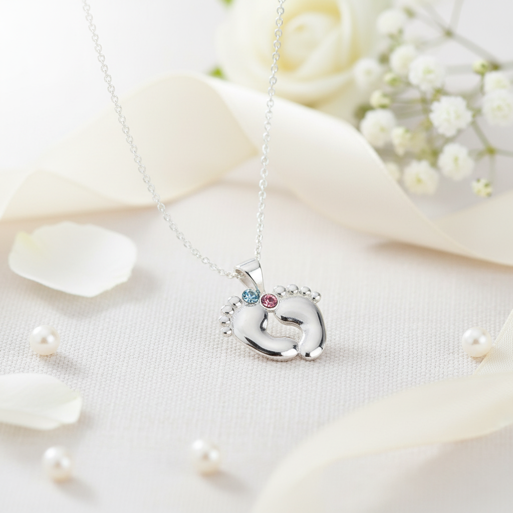 Darling Little Baby Feet Silver Necklace with Crystals, made in Ireland