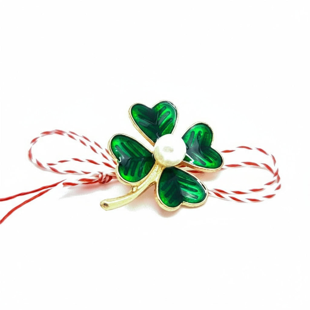 4 leaf clover with white pearl in the middle brooch with white an red martisor bow, made in Ireland