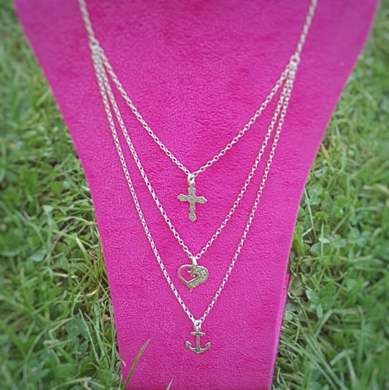 Love Faith Hope silver necklace with silver heart, cross and anchor multistring layering silver necklace made in Ireland