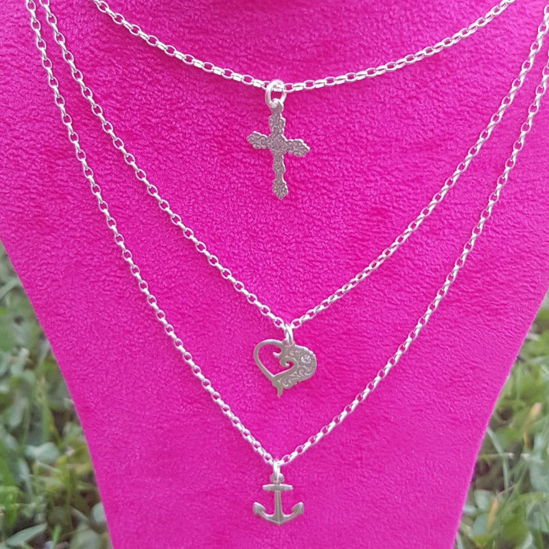 Silver cross, heart, anchor pendant layering necklace made in Ireland