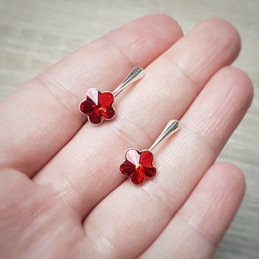 Red flower earrings in sterling silver, silver leverback earrings for women from Ireland 4744 Austrian crystals