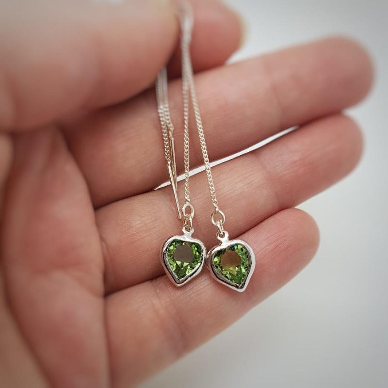 Peridot Green Heart Sterling Silver Ear Threader Earrings, Shop In Ireland, Free shipping over €75, August Birthstone crystal