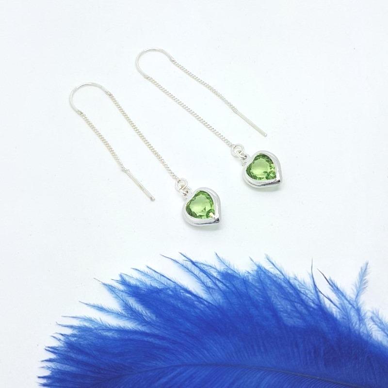 Peridot August Birthstone Crystal Heart Sterling Silver Ear Threader Earrings, Shop In Ireland, Free shipping over €75