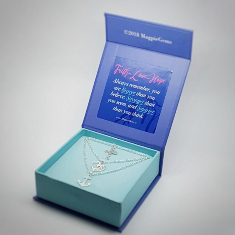 Love Faith Hope silver necklace with silver heart, cross and anchor multistring layering silver necklace in gift box by Magpie Gems JewelleryIreland