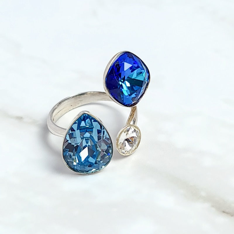 Ocean Bliss Cocktail Ring in Nickel-Free Sterling Silver adorned with Austrian Crystals by Magpie Gems