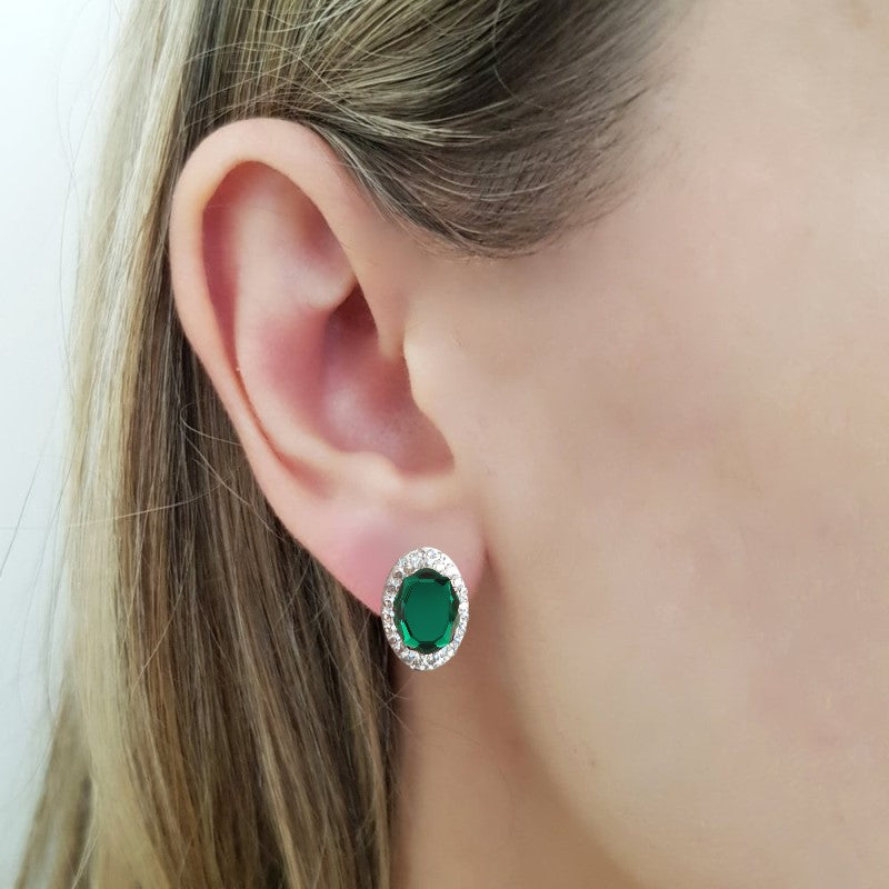 Emerald Green Classic Oval Pave style stud earrings, [product type], - Personalised Silver Jewellery Ireland by Magpie Gems