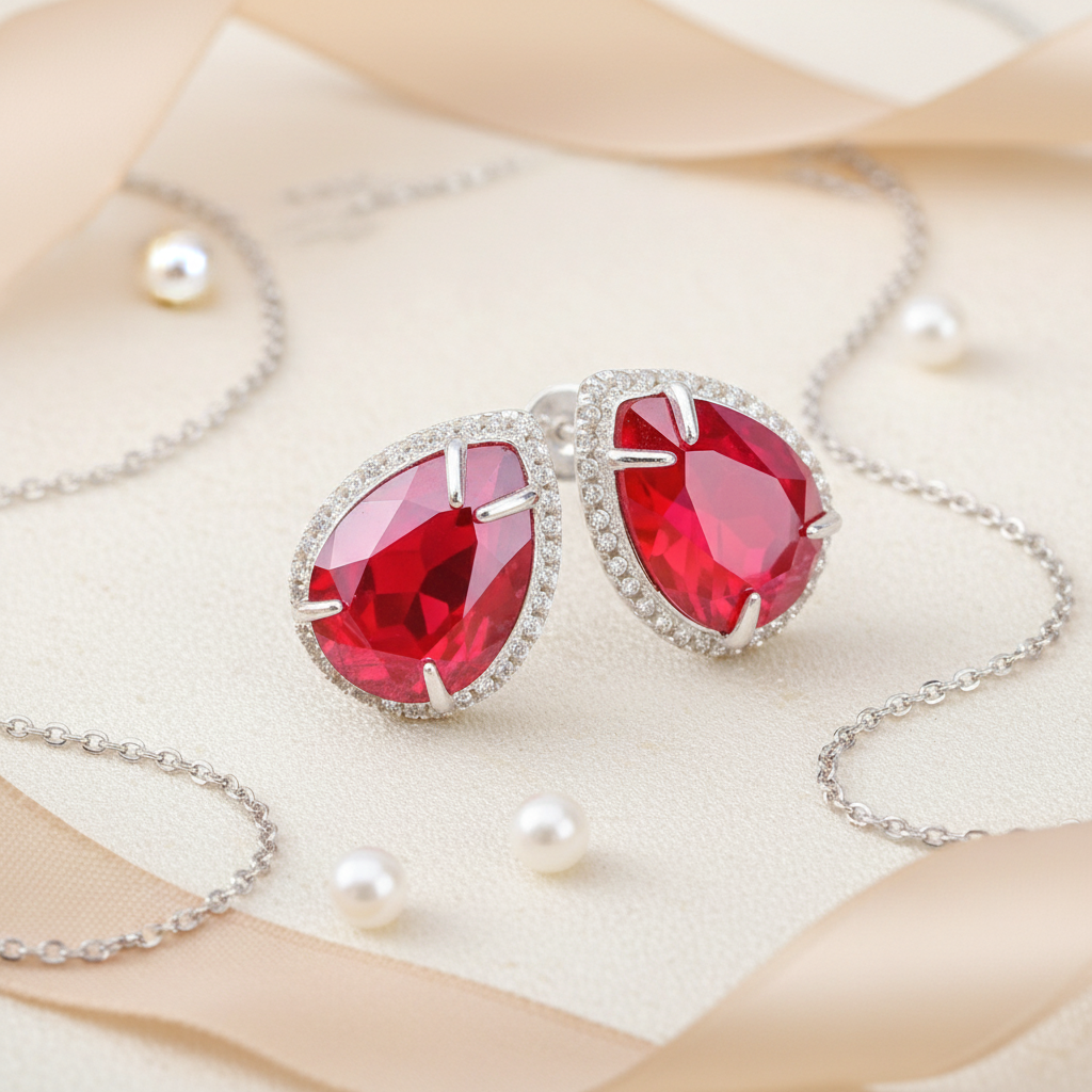 Dazzling Pear Stud Earrings in Sterling Silver with Large Royal Red and Crystal Halo