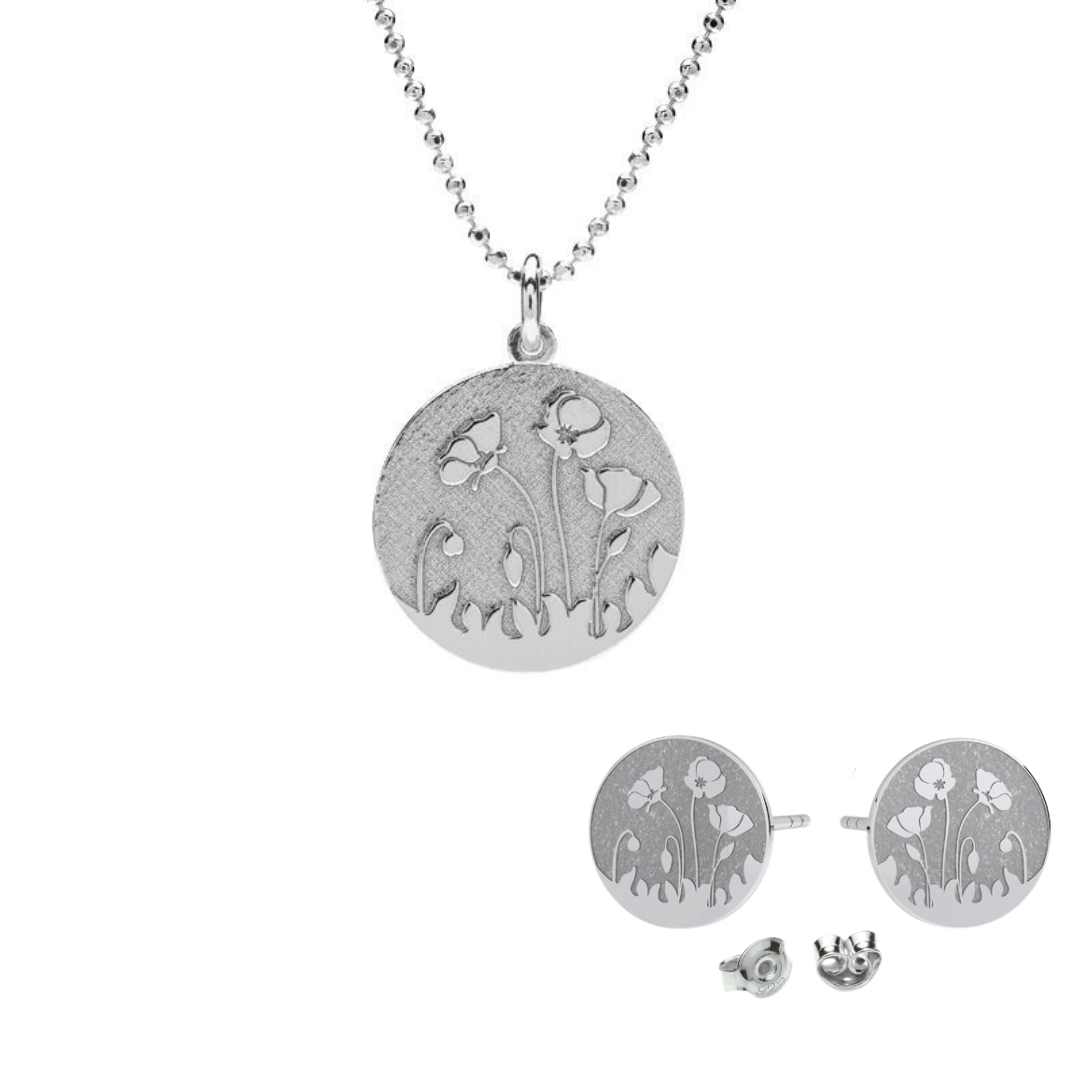 Beautiful silver jewellery set featuring engraved poppies on round stud earrings and disc pendant, on a fine ball chain from Ireland 