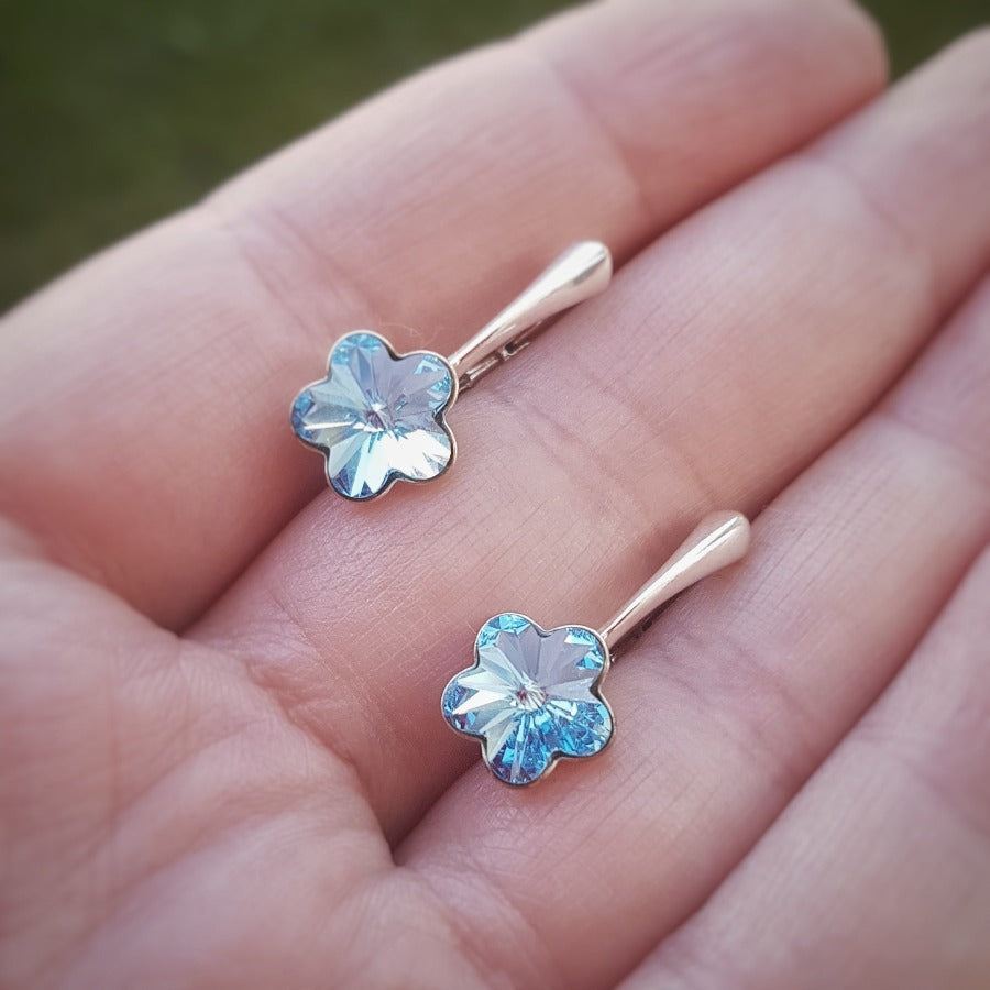 Aquamarine Blue flower silver leverback earrings Ireland 4744 Austrian crystals