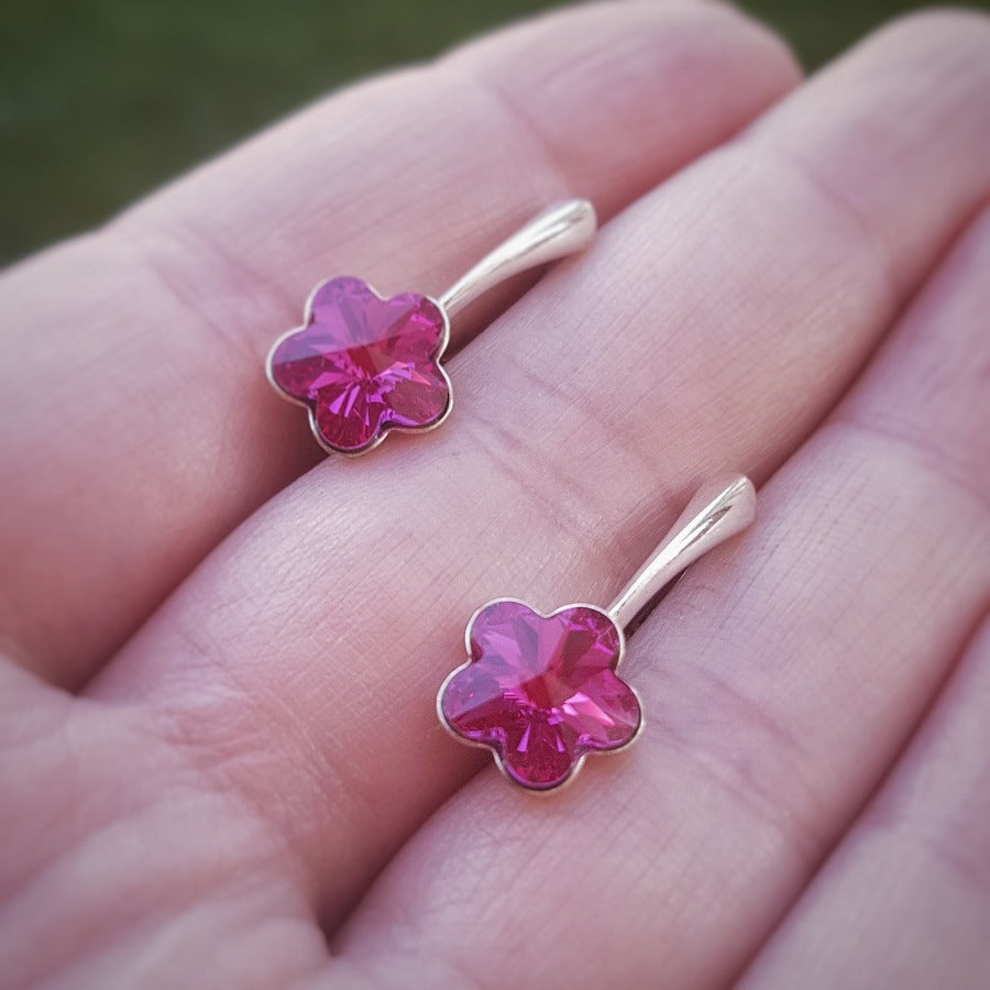 Fuchsia hot pink flower silver leverback earrings Ireland 4744 Austrian crystals