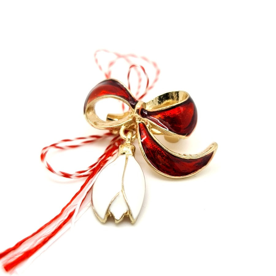 Snowdrop Bow Martisor Brooch - Red and Gold Enamel Pin for Spring