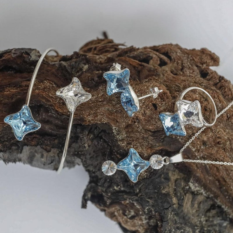 Aquamarine Clear Twister Crystal Silver Jewellery set, Shop in Cork Ireland