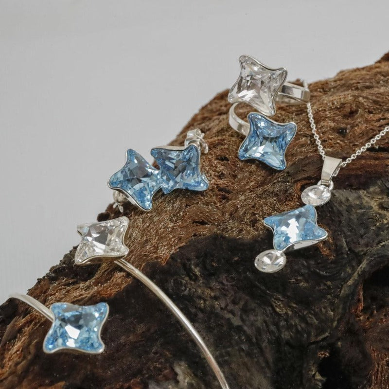 Clear Aquamarine Twister Crystal in Silver, Jewellery Set for women, Shop in Ireland, Gift boxed