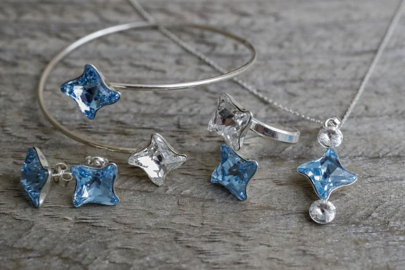 Aquamarine Clear Twister crystal Silver jewellery set, Anniversary gift idea, shop in Cork Ireland