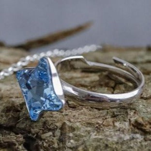 Solitaire Ring with aquamarine twister crystal stone in sterling silver, adjustable ring, gift boxed in Cork Ireland