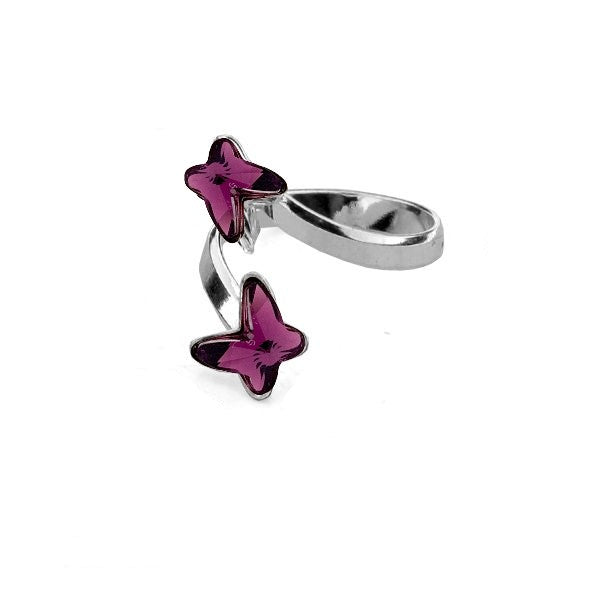 Butterfly Embrace Wrap Ring in Amethyst color, featuring two 8mm butterfly crystals from Austria set on a sterling silver adjustable wrap around band, part of the Little Miss Butterfly Collection