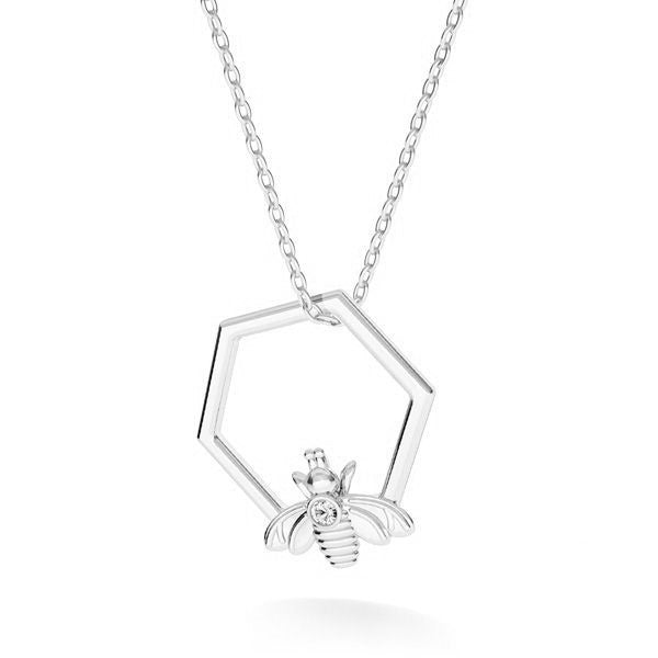 Queen Bee with Crystal on Honeycomb Silver Necklace
