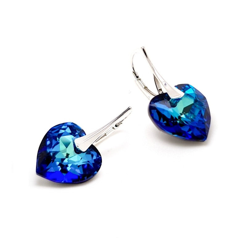 Bermuda Blue heart earrings in 925 sterling silver, shop in Ireland earrings with 14mm crystals and 925 sterling silver leverbackin gift box, dangle and drop earrings made in Ireland.