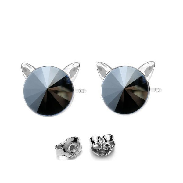 "Feline Sparkle" Sterling Silver Cat Silhouette Stud Earrings in Jet Black