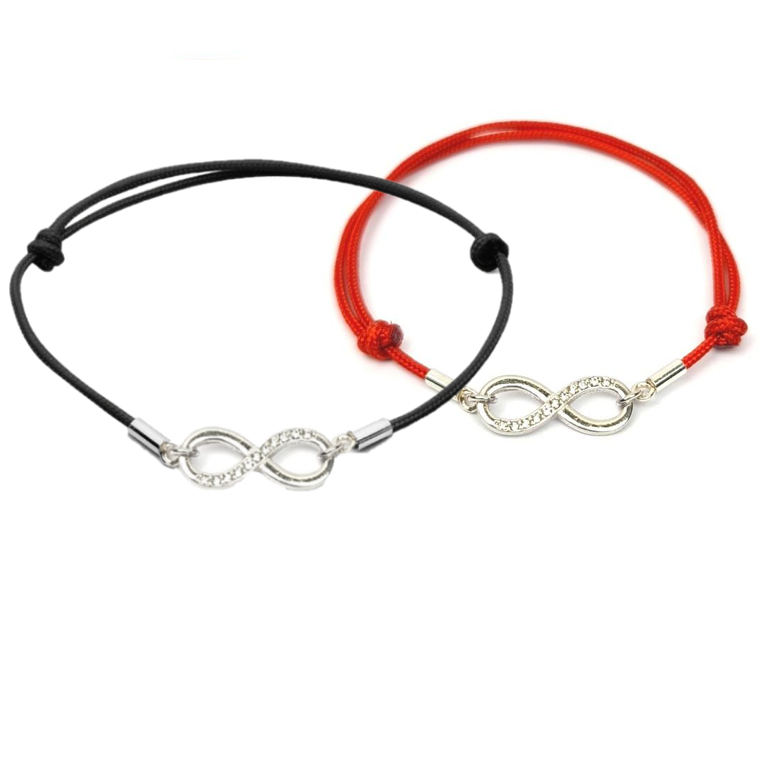 Red and Black Cord Slip Knot Bracelets Set  for Couples with Infinity with crystals in sterling silver from Ireland