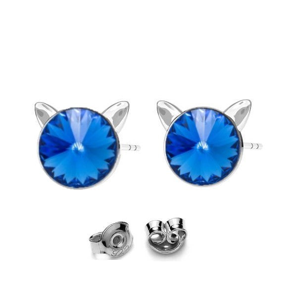 "Feline Sparkle" Sterling Silver Cat Silhouette Stud Earrings in Sapphire Blue