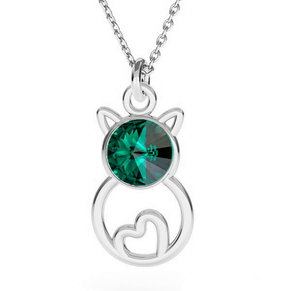 "Feline Elegance" Sterling Silver Cat Silhouette Pendant in  Emerald Green