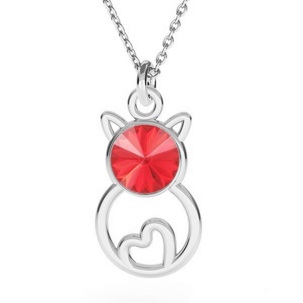 "Feline Elegance" Sterling Silver Cat Silhouette Pendant in  Light Siam Red