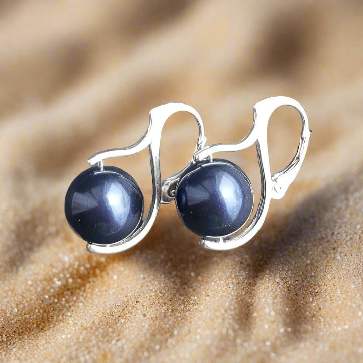 Hand-Finished Sterling Silver Earrings with Austrian Crystal Pearls in Midnight Blue Colour