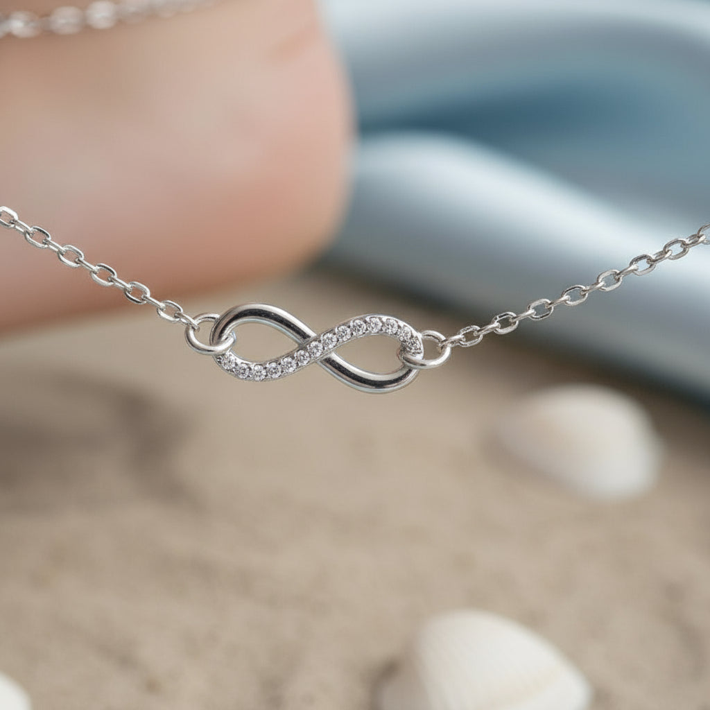 Infinity Crystal Anklet Bracelet - Handcrafted 925 Sterling Silver by Magpie Gems in Ireland.