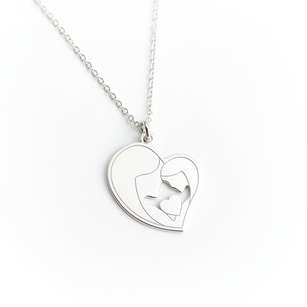 Close-up of Silver Mother and Daughter Heart Pendant Necklace