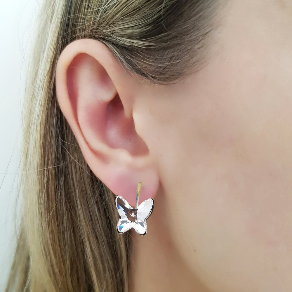Elegant butterfly design, sparkling Austrian crystalstones, nickel-free sterling silver earrings. Perfect for sensitive ears. Gift box included. Colour Crystal Clear