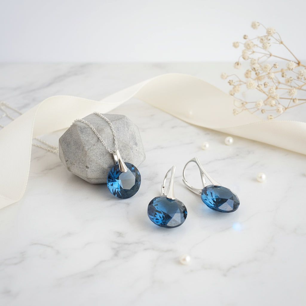 December Montana Blue birthstone jewellery set — pendant & earrings in sterling silver by Magpie Gems