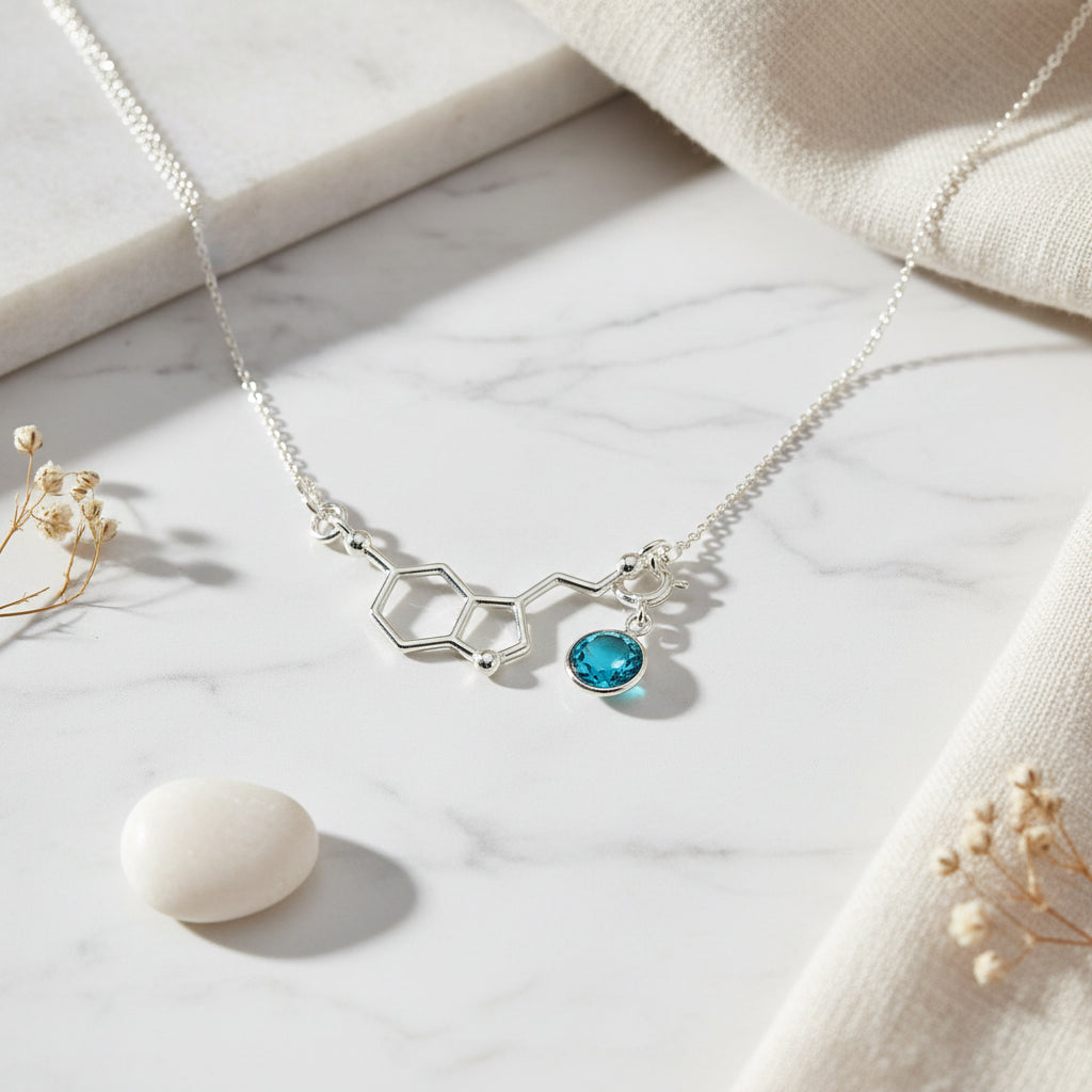 Be Happy Silver Charm Necklace | Serotonin Molecule with a Birthstone, [product type], - Personalised Silver Jewellery Ireland by Magpie Gems