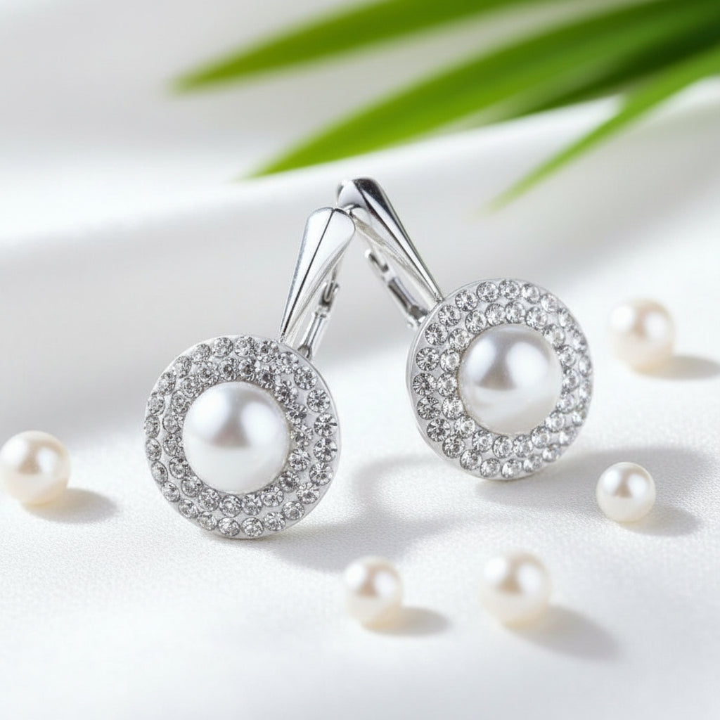 Halo white pearl and crystal silver earrings with lever back for women by Magpie Gems Ireland