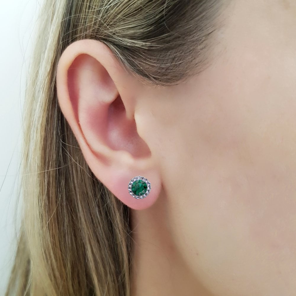 Elegant Sterling Silver Halo Stud Earring with Emerald Green Crystal - Magpie Gems