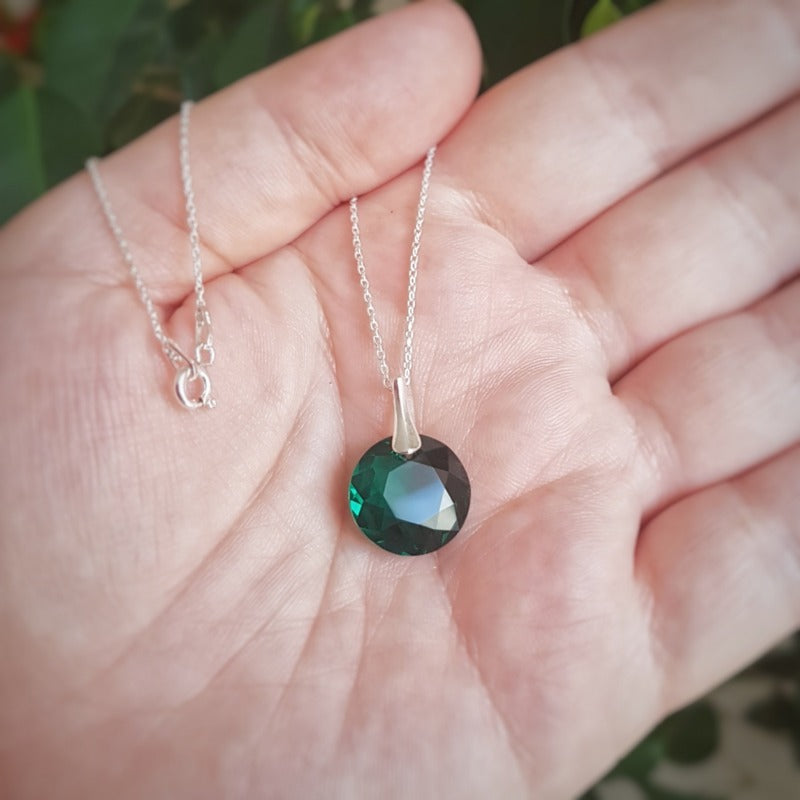 Sterling silver Emerald May birthstone pendant necklace with green Austrian crystal on a 45cm chain, handcrafted in Ireland.