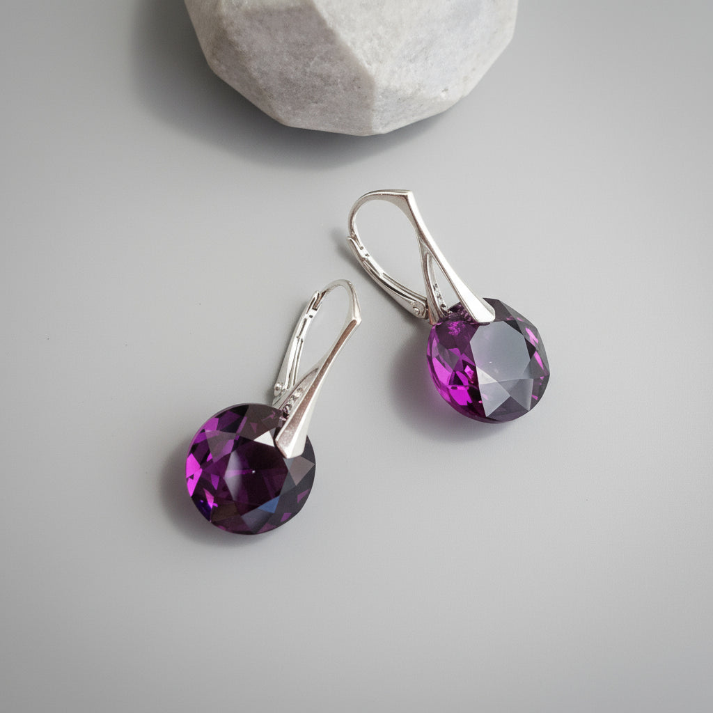 Amethyst February birthstone leverback earrings in sterling silver by Magpie Gems