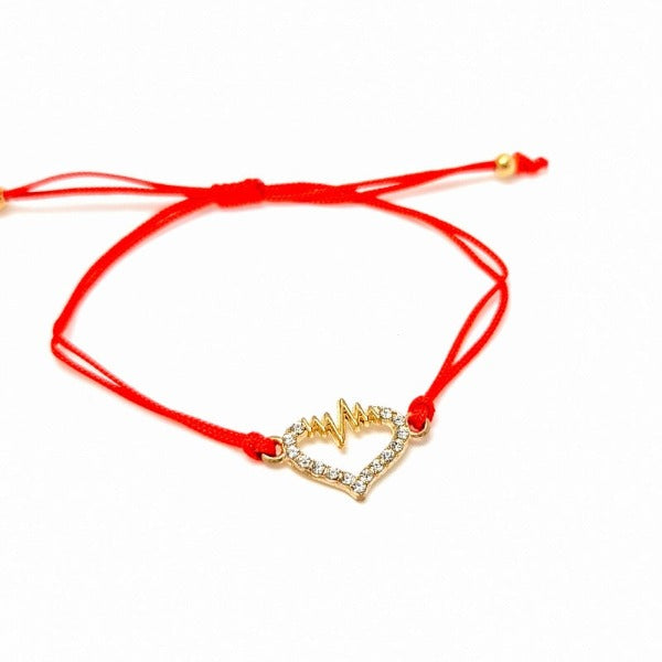 Heart with crystals and heart beat gold plated charm, red macramé cord string bracelet shop in Ireland