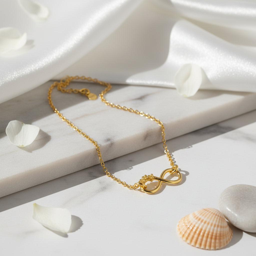 Infinity with Forget-Me-Not flowers Anklet ankle bracelet in 24k gold plated sterling silver made local in Cork Ireland. Shop local Cork. Gift Boxed foot chain bracelet