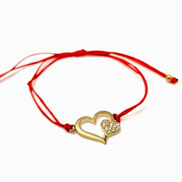 Gold plated 2 hearts with crystals charm, red macramé cord string bracelet shop in Ireland