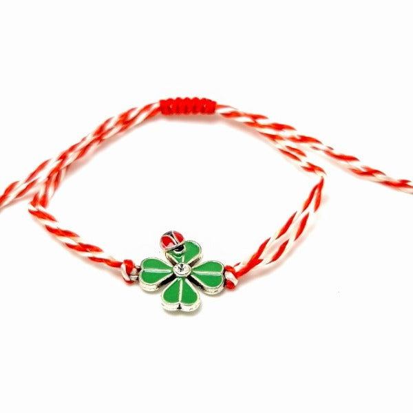 Green 4 leaf clover with ladybug charm, red macramé cord string bracelet shop in Ireland