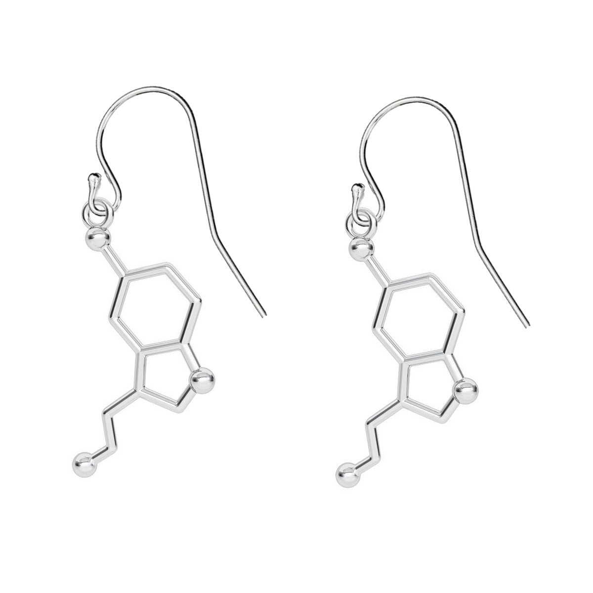 A pair of silver earrings in the form of the serotonin molecule, a neurotransmitter that promotes emotions of happiness, satisfaction, and relaxation. The serotonin molecule served as the inspiration for these sterling silver 'Be Happy' earrings, in sterling silver for sensitive ears (no nickel). 
